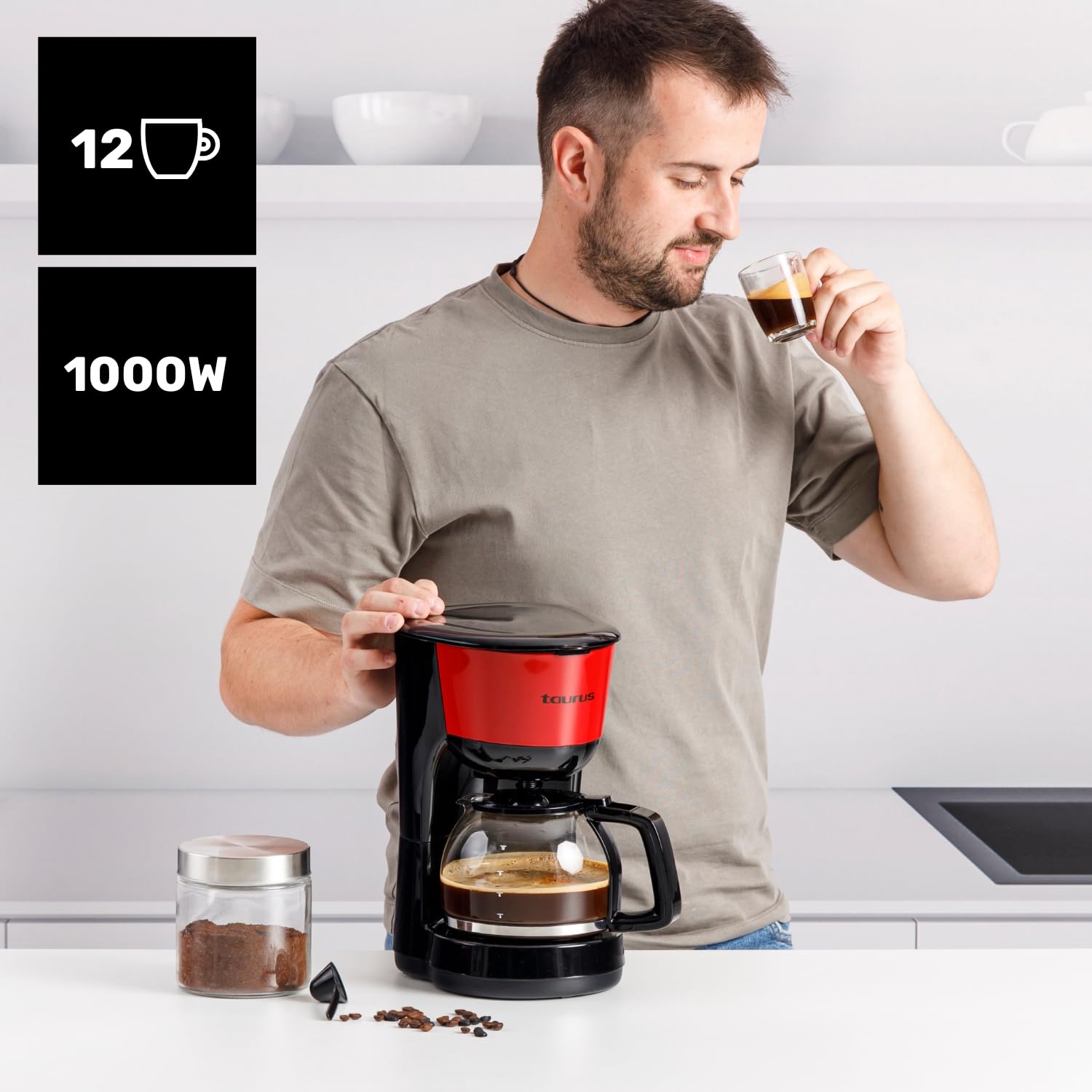 taurus-verona-vintage-red-cafetera-de-goteo-12-tazas-1000w-jarra-de-cristal-grad image 2