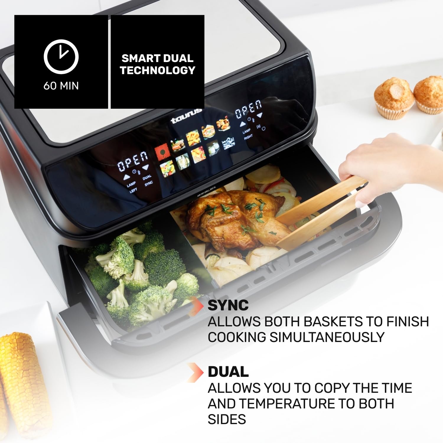 taurus-air-fryer-grill-360-10l-2800w-freidora-de-aire-sin-aceite-con-cestillo-di image 6